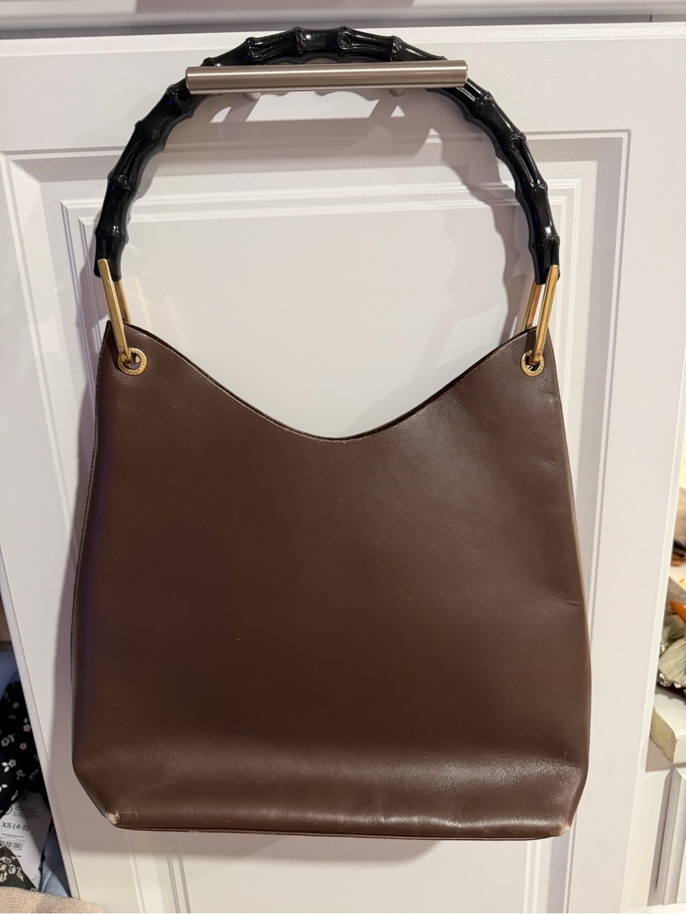 Gucci Brown Leather Tote with Black Bamboo Handle